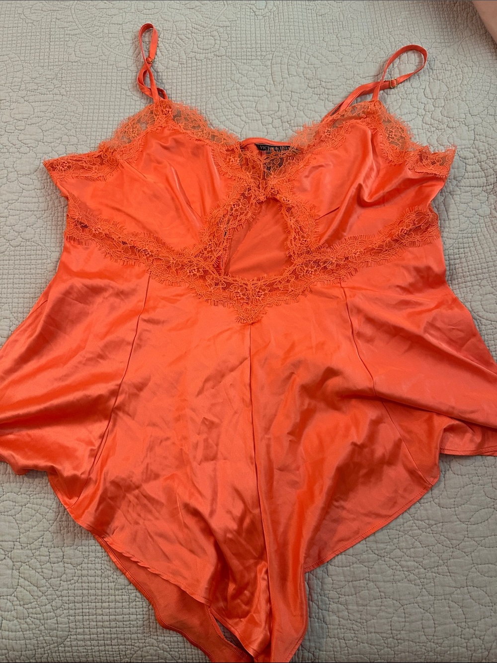 Victoria's Secret coral orange Lace Satin romper, lingerie, date, woman, lace